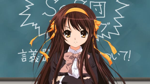The Melancholy Of Haruhi Suzumiya character stands confidently in front of a chalkboard with Japanese writing, HD Desktop Wallpaper