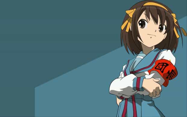 The Melancholy Of Haruhi Suzumiya stands confidently with arms crossed wearing a blue and white uniform, HD Desktop Wallpaper