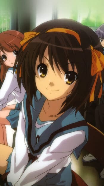 The Melancholy Of Haruhi Suzumiya characters sitting in a classroom with a smiling girl in the foreground, HD Phone Wallpaper