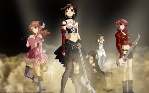 The Melancholy Of Haruhi Suzumiya characters posing with musical instruments in a smoky setting, HD Desktop Wallpaper