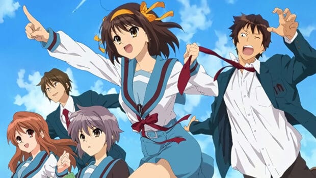 The Melancholy Of Haruhi Suzumiya characters in school uniforms posing under a blue sky, HD Desktop Wallpaper