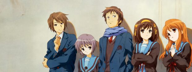 The main characters from The Melancholy Of Haruhi Suzumiya stand together in their school uniforms, 2K Desktop Wallpaper
