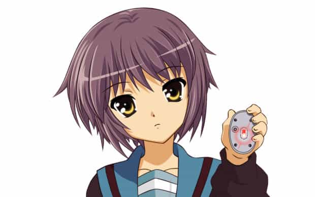 A close up of The Melancholy Of Haruhi Suzumiya character holding a device with a red light, HD Mobile Wallpaper