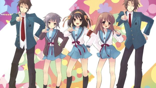 The Melancholy Of Haruhi Suzumiya characters posing in colorful outfits, HD Desktop Wallpaper