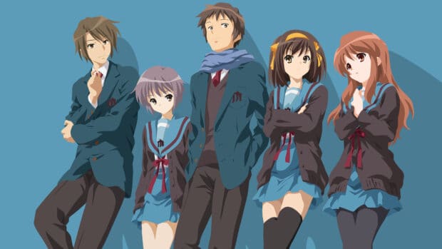 The Melancholy Of Haruhi Suzumiya characters stand together in school uniforms, 4K Desktop Wallpaper