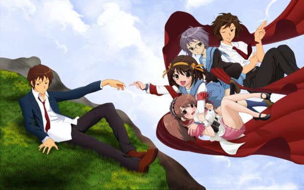 The Melancholy Of Haruhi Suzumiya characters reaching out in a surreal sky scene, 2K Desktop Wallpaper