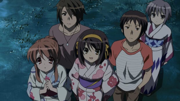 The Melancholy Of Haruhi Suzumiya characters in traditional clothing looking up, HD Desktop Wallpaper