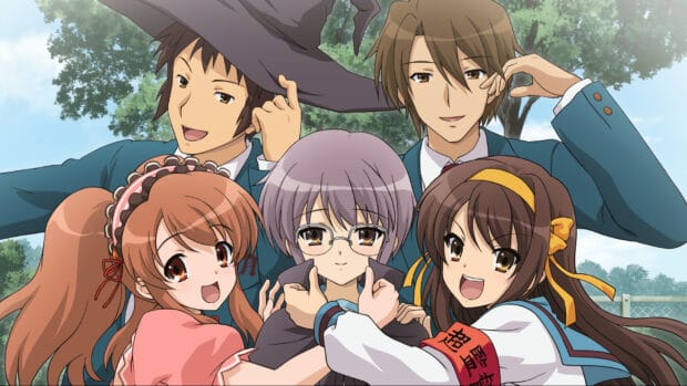 The Melancholy Of Haruhi Suzumiya characters posing happily outdoors in school uniforms, HD Desktop Wallpaper