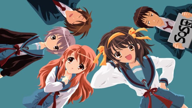 The Melancholy Of Haruhi Suzumiya characters standing and lying in a circle with a blue background, 4K Desktop Wallpaper