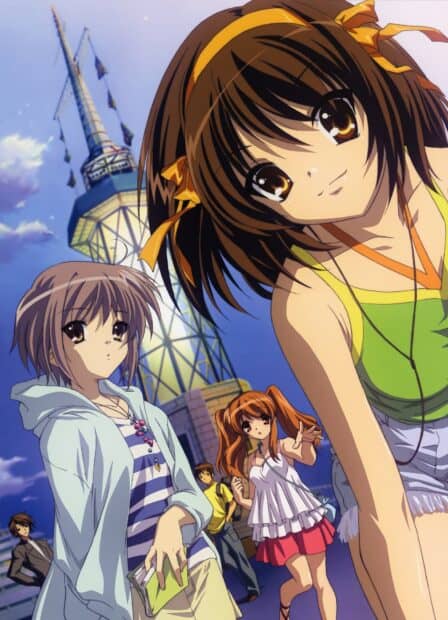The Melancholy Of Haruhi Suzumiya characters standing in front of a tower on a clear day, HD Mobile Wallpaper
