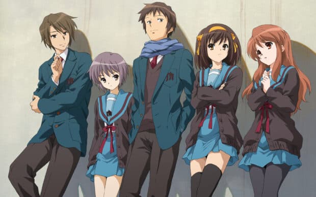 A group of The Melancholy Of Haruhi Suzumiya characters standing together in school uniforms, HD Desktop Wallpaper