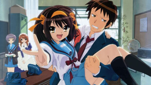 The Melancholy Of Haruhi Suzumiya characters share a playful moment in a classroom setting, 4K Desktop Wallpaper