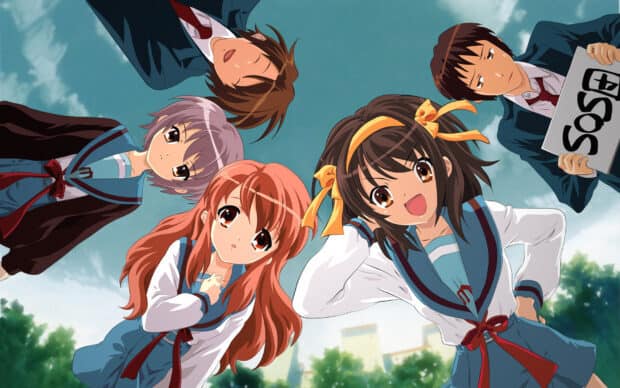 The Melancholy Of Haruhi Suzumiya characters stand outdoors looking down, HD Desktop Wallpaper