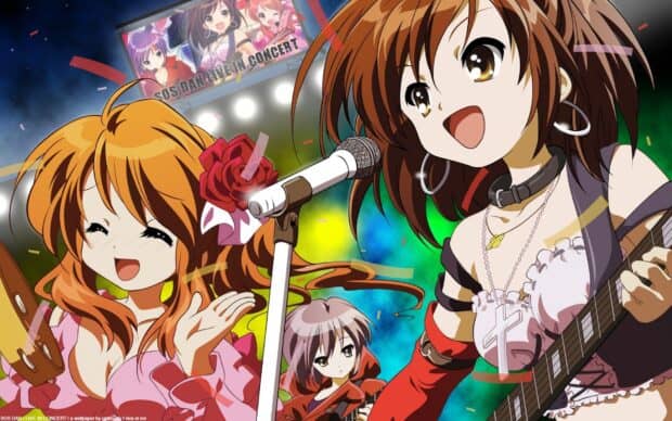 The Melancholy Of Haruhi Suzumiya characters performing joyfully on stage with vibrant lights, HD Desktop Wallpaper