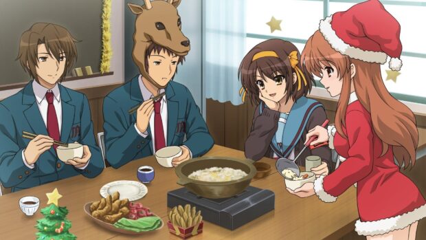 Characters from The Melancholy Of Haruhi Suzumiya enjoy a holiday meal together in a cozy room, HD Desktop Wallpaper