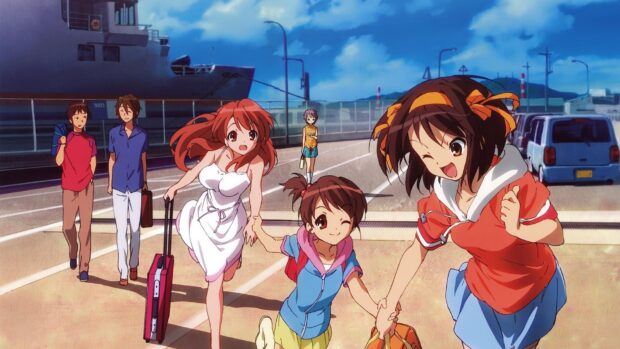 The Melancholy Of Haruhi Suzumiya characters walk happily at the port with luggage and parked cars, HD Desktop Wallpaper