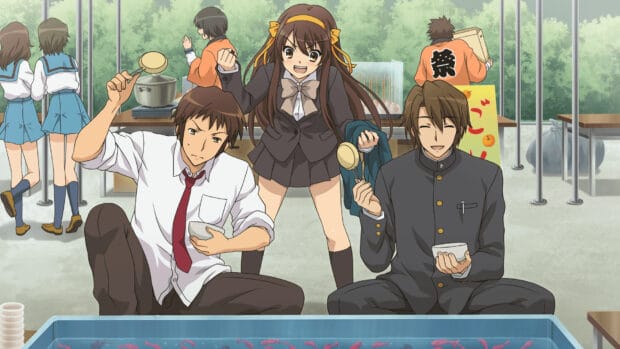 The Melancholy Of Haruhi Suzumiya characters enjoying a festival scene with smiles and food, HD Desktop Wallpaper
