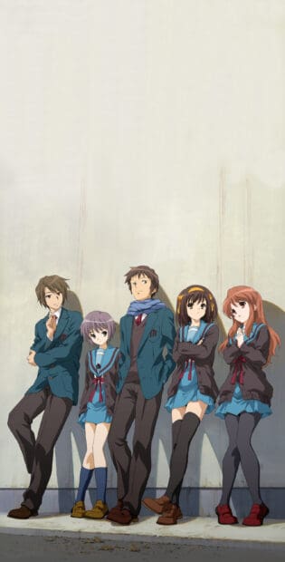 The Melancholy Of Haruhi Suzumiya characters standing together wearing school uniforms, 2K Phone Wallpaper