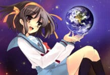 A girl from The Melancholy Of Haruhi Suzumiya holds a small Earth while smiling in space, HD Desktop Wallpaper