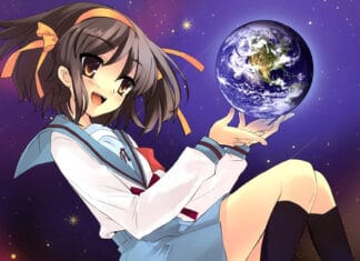 A girl from The Melancholy Of Haruhi Suzumiya holds a small Earth while smiling in space, HD Desktop Wallpaper