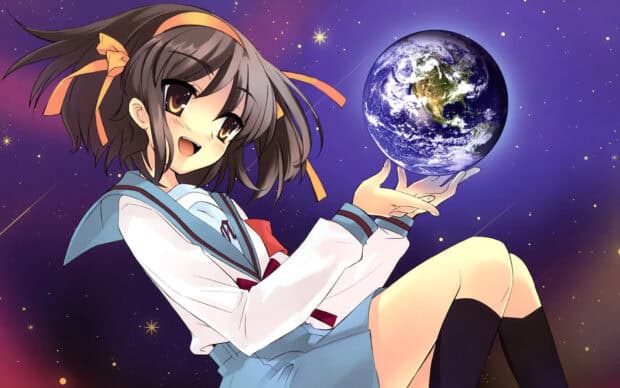 A girl from The Melancholy Of Haruhi Suzumiya holds a small Earth while smiling in space, HD Desktop Wallpaper