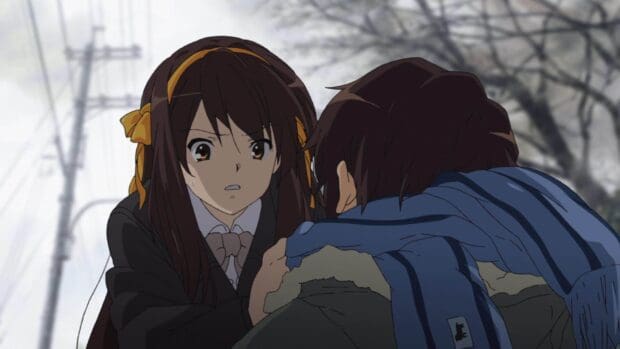 The Melancholy Of Haruhi Suzumiya shows a tense scene with two characters in an emotional encounter, HD Desktop Wallpaper
