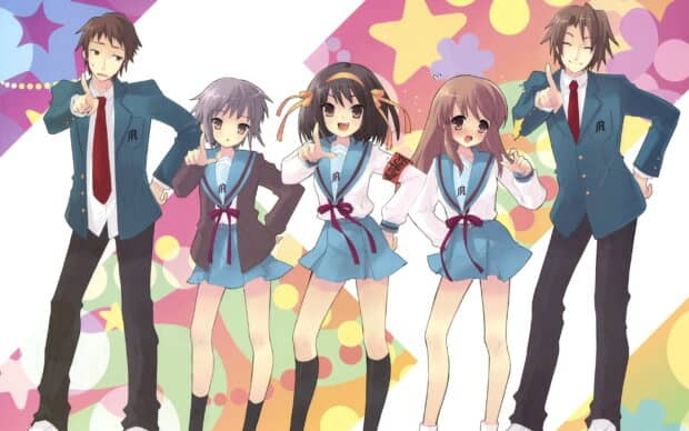 The Melancholy Of Haruhi Suzumiya main characters pose together in front of a colorful star background, 2K Desktop Wallpaper