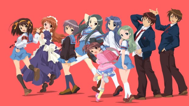 The Melancholy Of Haruhi Suzumiya characters posing together on red background, 4K Desktop Wallpaper