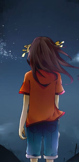 A girl with brown hair stands gazing at stars in The Melancholy Of Haruhi Suzumiya, 2K Mobile Wallpaper