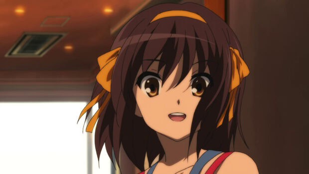 Haruhi Suzumiya smiling brightly indoors in The Melancholy Of Haruhi Suzumiya, HD Desktop Wallpaper