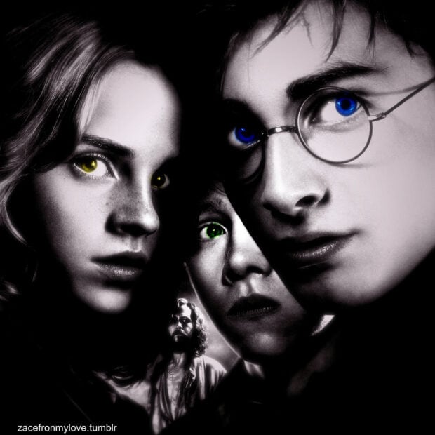 The Prisoner Of Azkaban characters with highlighted eyes in blue, yellow, and green, HD Mobile Wallpaper