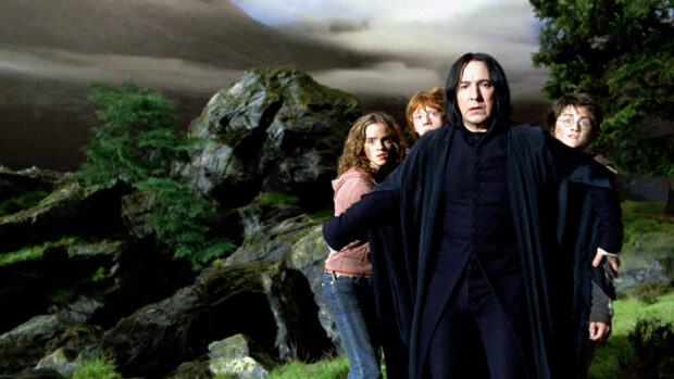 The Prisoner Of Azkaban characters stand together in a dark forest scene with rocky terrain, HD Desktop Wallpaper