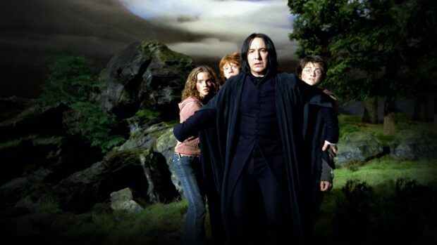 The Prisoner Of Azkaban characters stand together in a dark forest setting, 4K Desktop Wallpaper