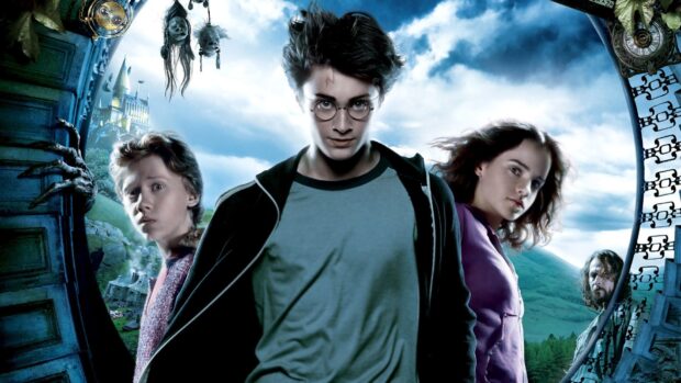 The Prisoner Of Azkaban characters stand together under a cloudy sky with a magical castle visible in the background, HD Desktop Wallpaper