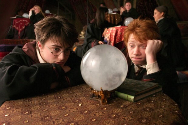 Harry and Ron focus on a crystal ball in a magical room, HD Desktop Wallpaper