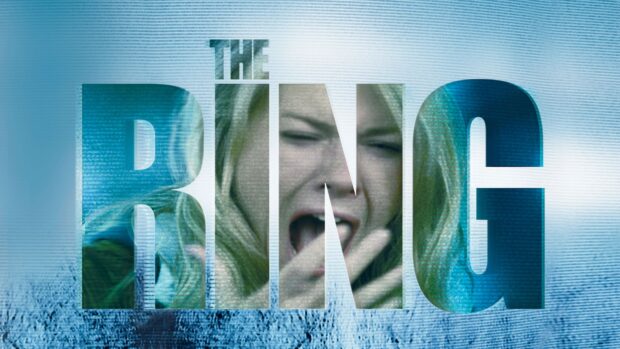 The image shows a distressed woman featured in The Ring movie title, 4K Desktop Wallpaper