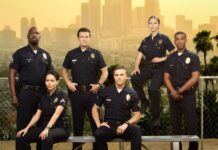 The Rookie Tv Series cast posing in front of a cityscape with police uniforms, 2K Desktop Wallpaper