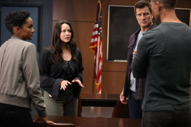 The Rookie Tv Series Wallpapers show four characters having a serious conversation in a room with an American flag, 2K Desktop Wallpaper