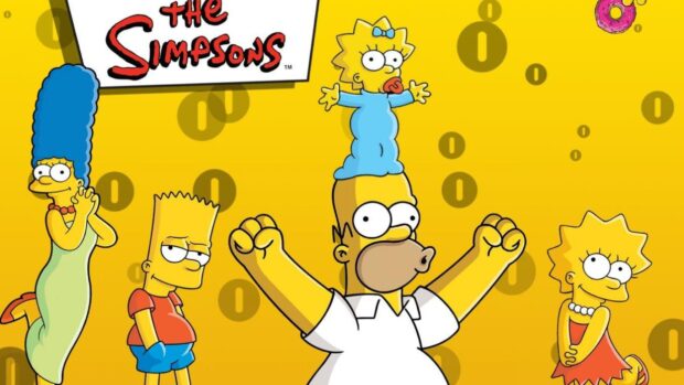 The Simpsons family with Homer raising his arms and Maggie on his head against a yellow background, 4K Desktop Wallpaper