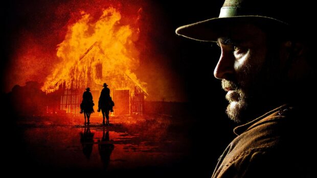 A man wearing a hat looks toward two riders passing a burning barn at night in The Sisters Brothers, HD Desktop Wallpaper