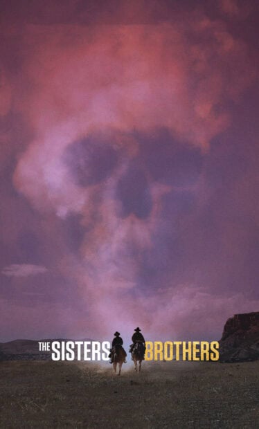 Two riders appear under a purple sky shaped like a skull in The Sisters Brothers, HD Phone Wallpaper