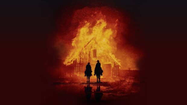 Two riders on horses approach a burning house in a dark setting, HD Desktop Wallpaper