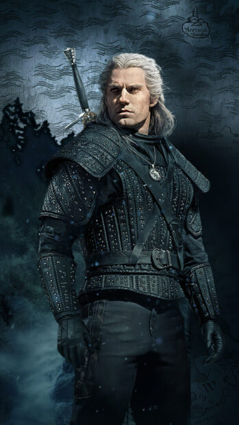 Geralt of Rivia stands in dark armor holding his sword with a serious expression in The Witcher Tv Series wallpapers, HD Phone Wallpaper