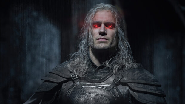 The Witcher Tv Series features a character with glowing red eyes in dark armor, 4K Desktop Wallpaper