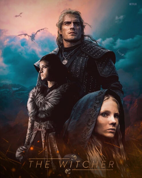 Characters from The Witcher Tv Series stand against a stormy sky, HD Desktop Wallpaper