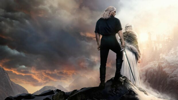 Two main characters from The Witcher TV Series stand on a rocky mountain at sunset, 4K Desktop Wallpaper