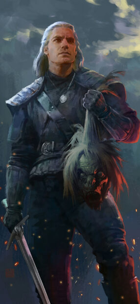 The Witcher Tv Series Wallpapers shows a warrior gripping a sword and a terrifying monster head in a dark atmosphere, 2K Phone Wallpaper