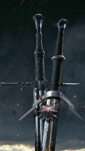 Two swords with bloodstains and a glowing wolf medallion from The Witcher Tv Series, 4K Phone Wallpaper
