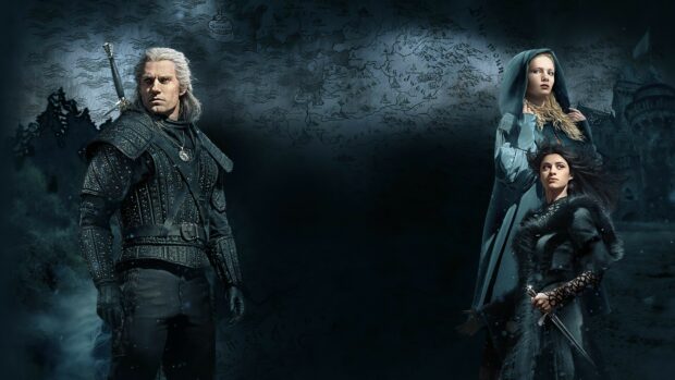 The Witcher tv series characters stand amid a dark medieval background with a map and castle, 4K Desktop Wallpaper