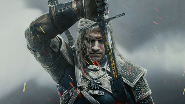 The Witcher Tv Series Wallpapers shows a warrior holding a sword in a battle ready stance, 4K Desktop Wallpaper